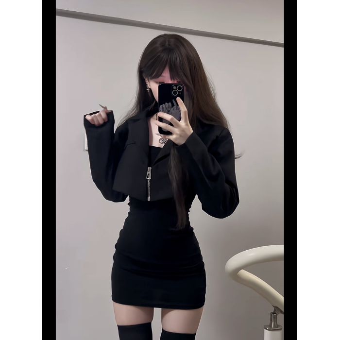 💕ins韓系甜辣氣質西裝短外套+修身打底包臀連衣裙套裝