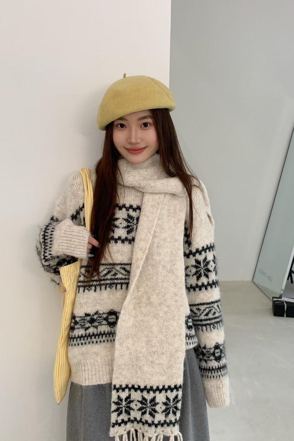 💕韓系圓領復古緹花拚色軟糯針織帶圍巾打底毛衣