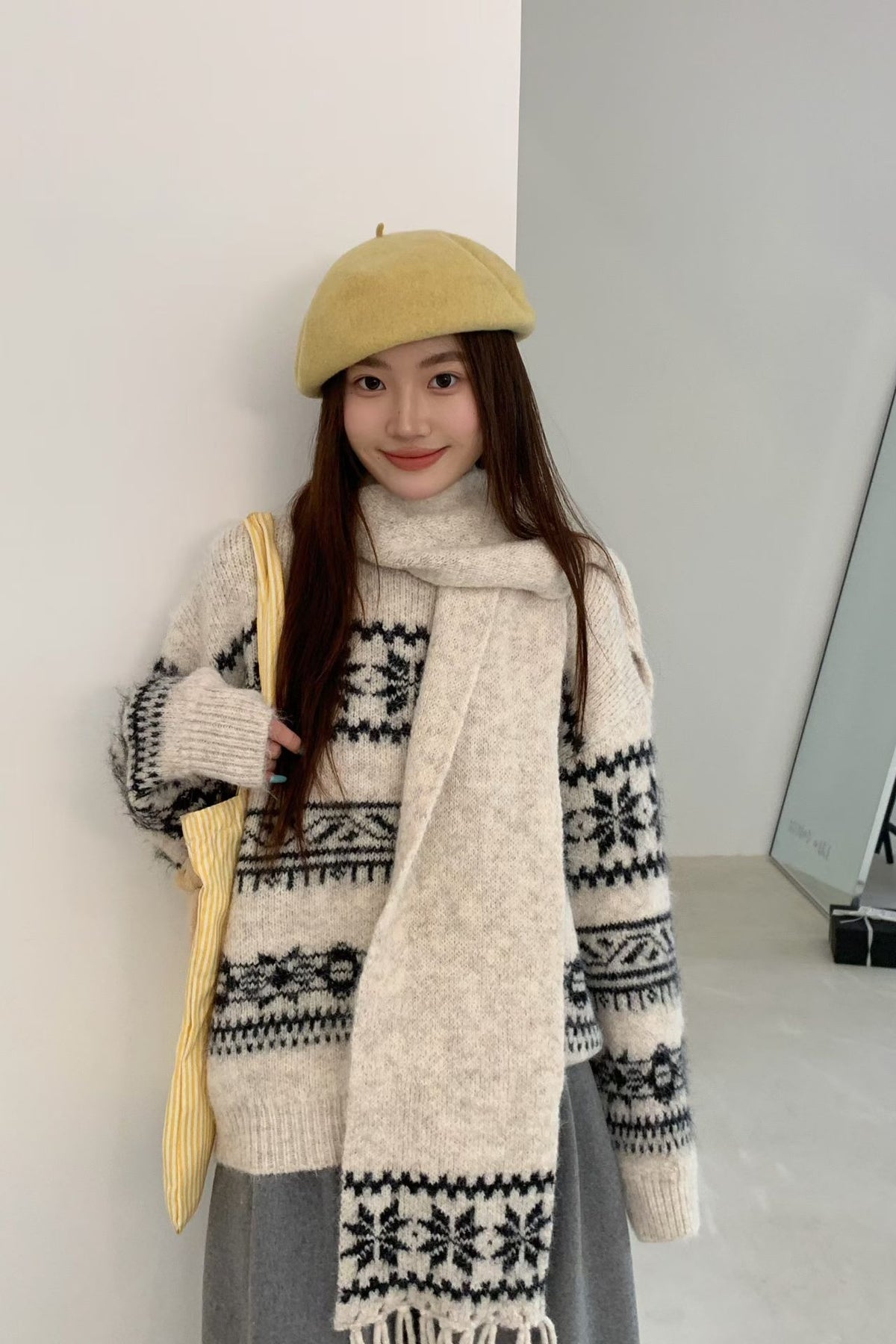 💕韓系圓領復古緹花拚色軟糯針織帶圍巾打底毛衣