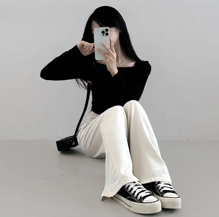 💕chic秋季長袖打底小心機露鎖骨上衣