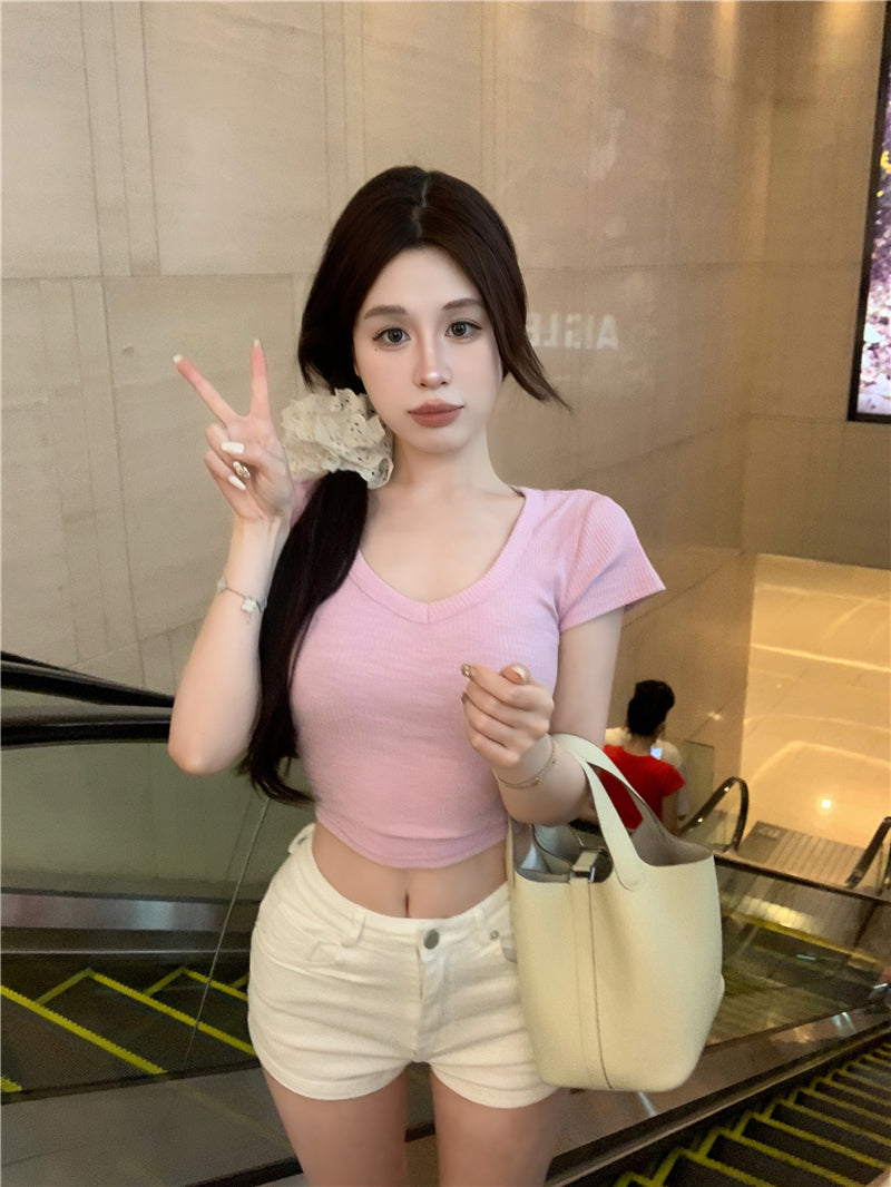 💕韓系簡約顯胸大彈力修身短袖T袖