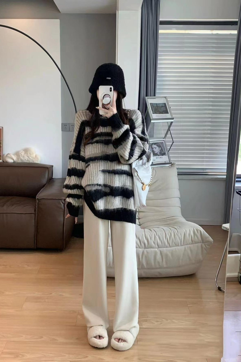 💕韓系ins秋冬撞色條紋慵懶中長毛衣針織衫