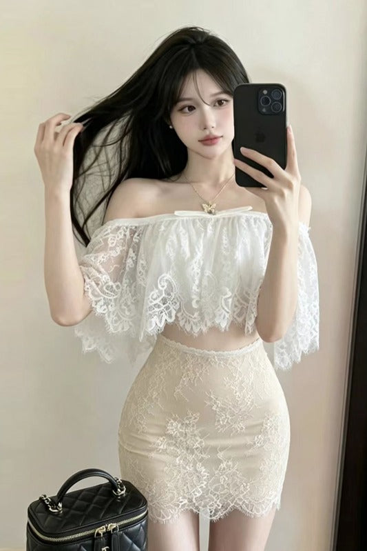 💕絕美白色蕾絲抹胸上衣配高腰包臀短裙套裝