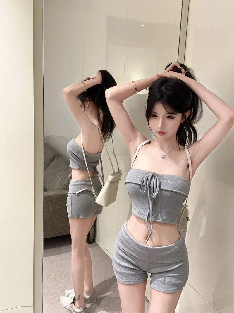 💕純欲修身短款抹胸上衣+運動短褲