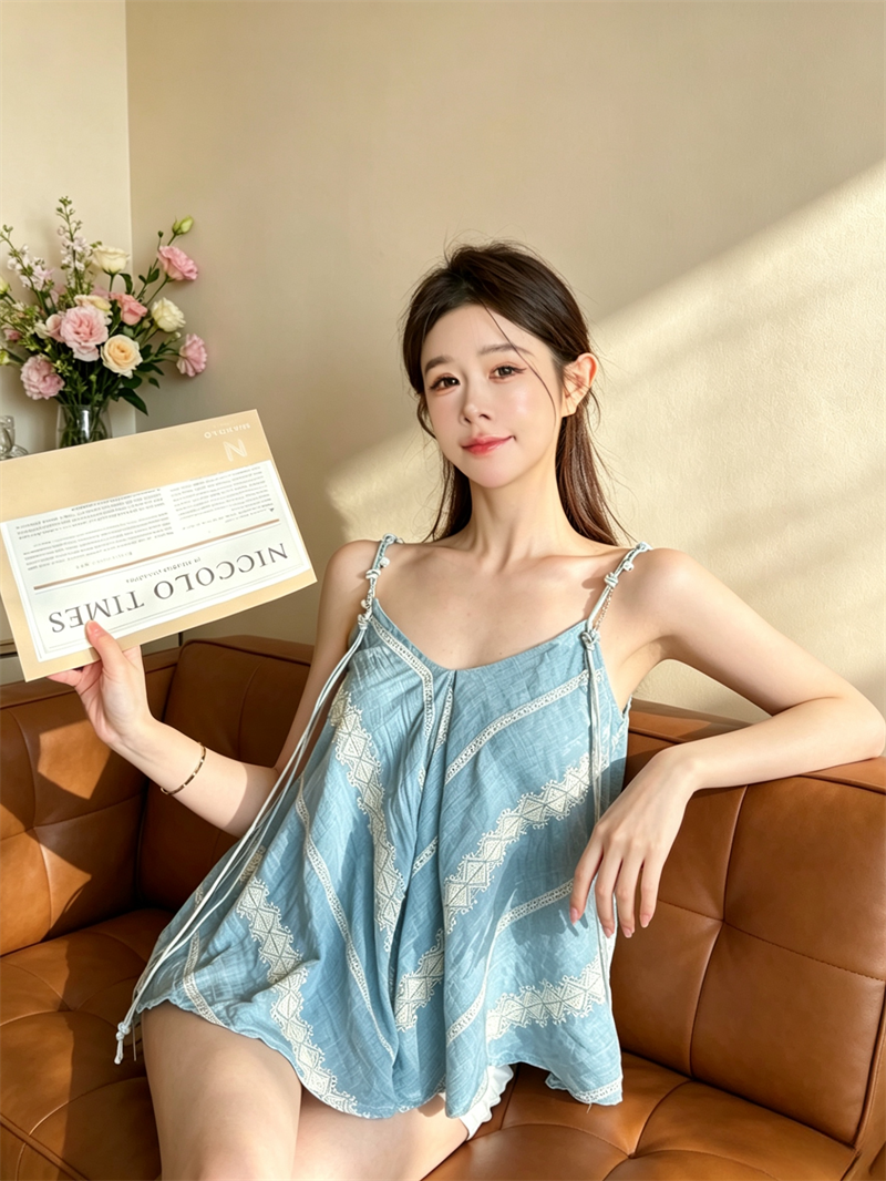 💕無袖背心寬鬆藍色不規則V領上衣