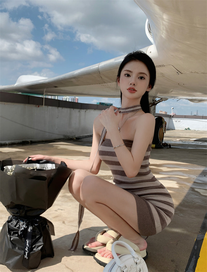 💕休閒條紋撞色親膚薄款針織抹胸連衣裙