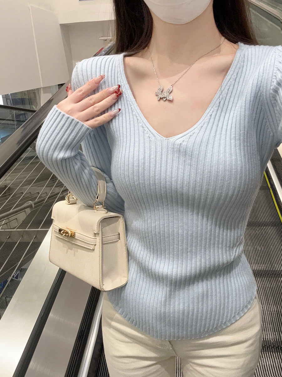 💕韓系氣質顯瘦V領百搭針織上衣