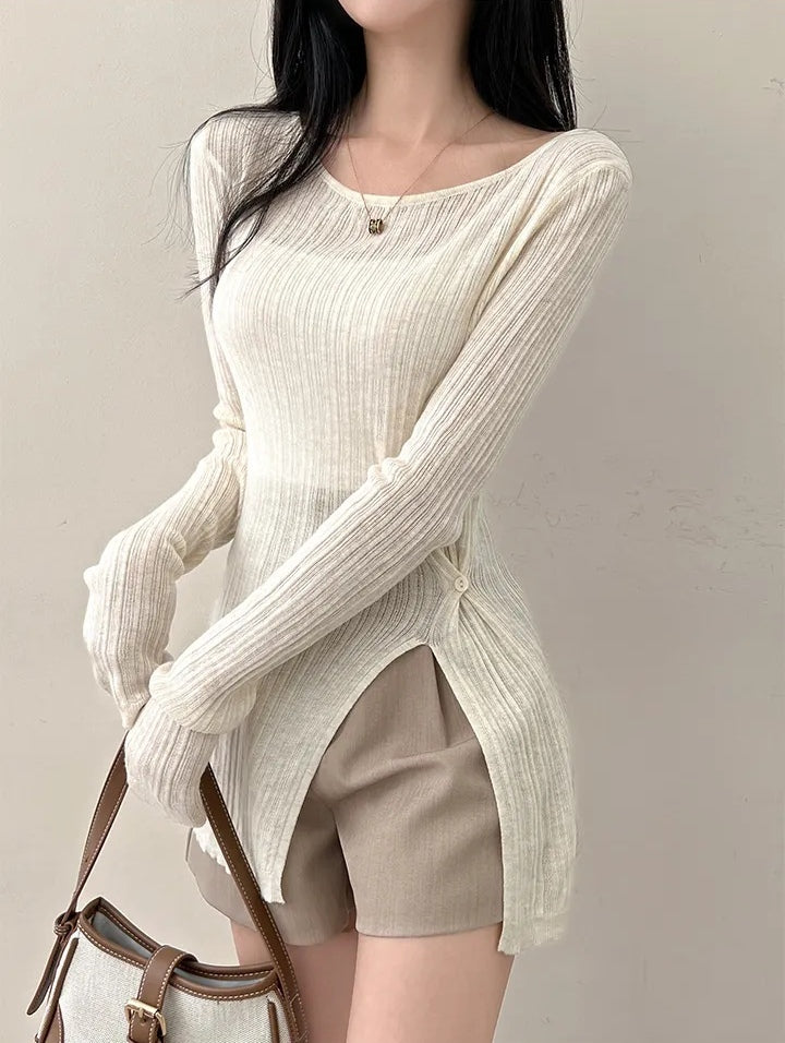💕韓系春秋顯瘦設計感收腰開衩長袖上衣