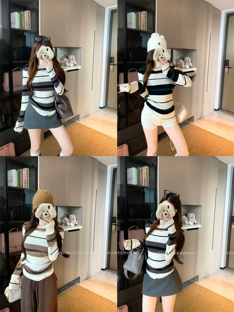 💕簡約休閒不規則條紋針織打底上衣