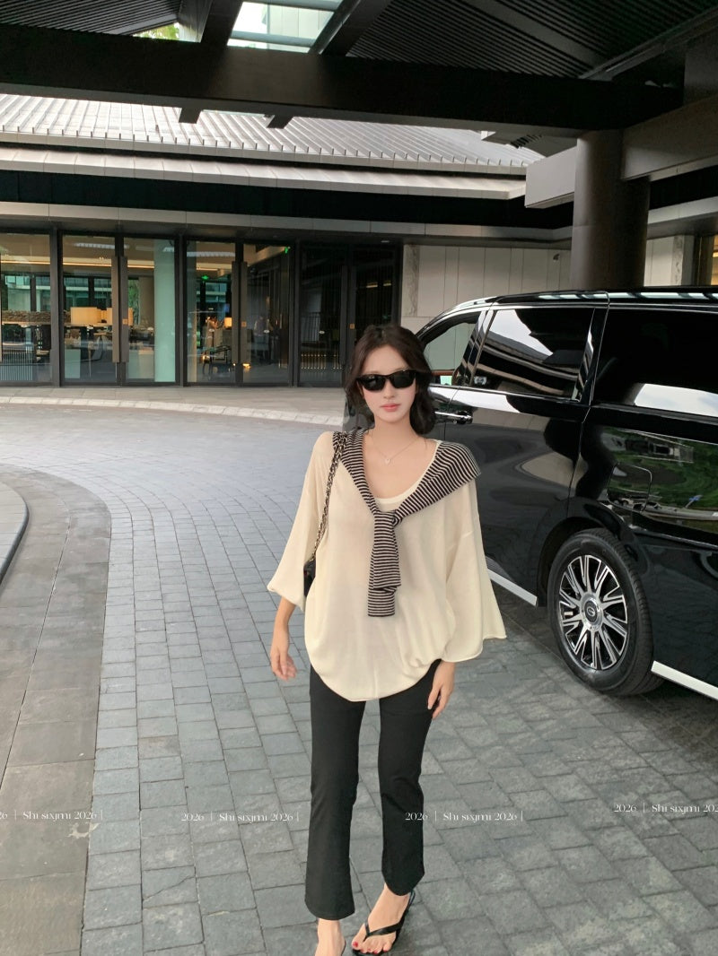 💕百搭條紋披肩深U領中袖T袖+七分微喇叭瑜珈褲
