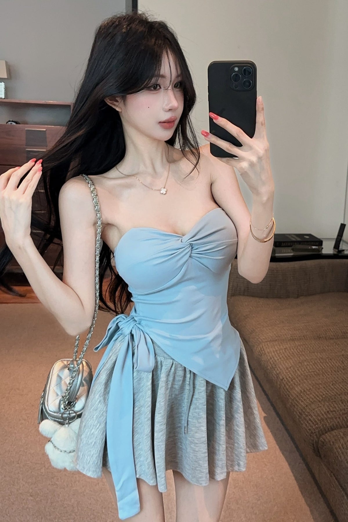 💕氣質帶胸墊不規則下擺系帶扭結兩件套