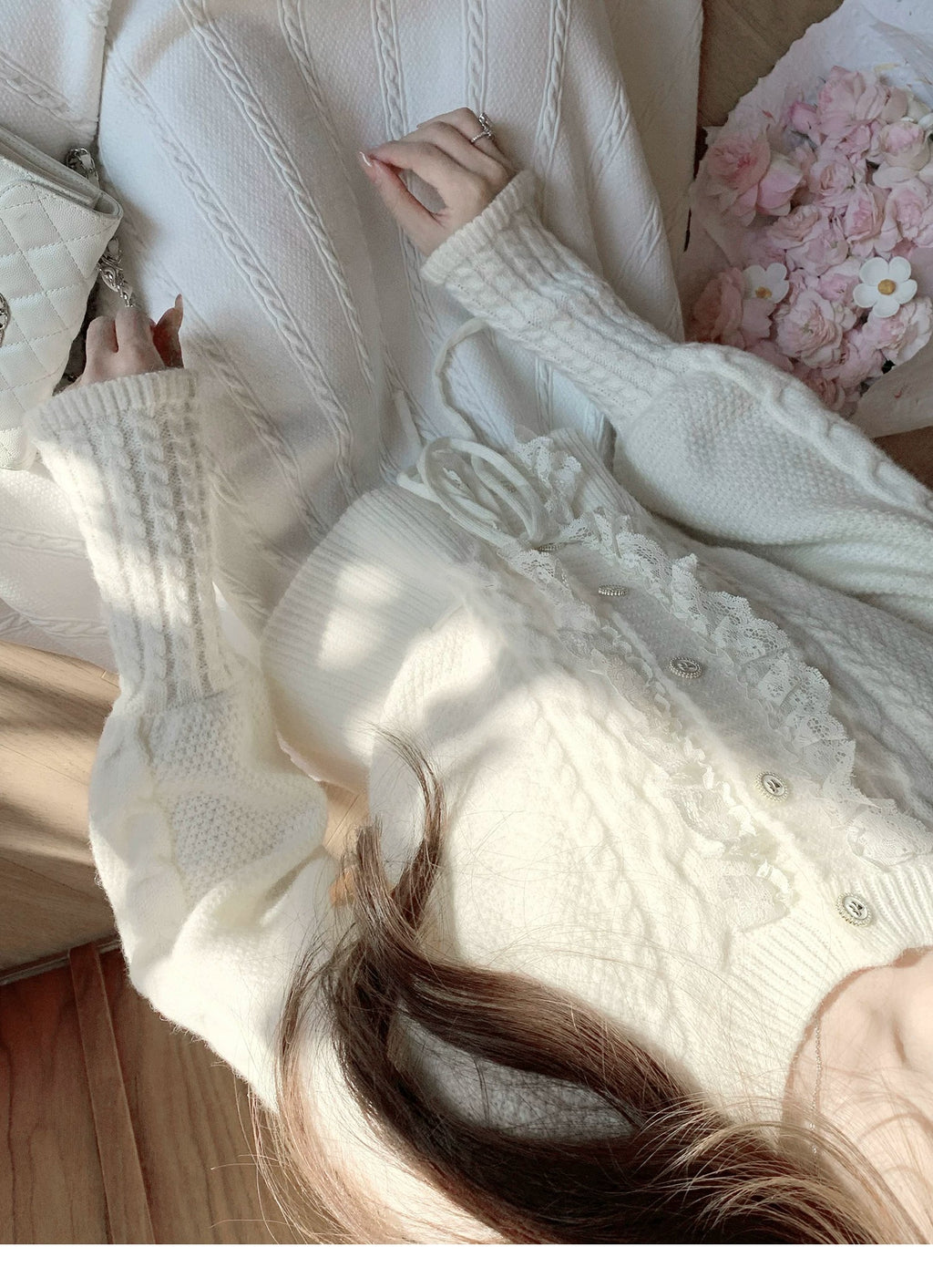 💕繁華勾花宮廷千金感花邊系帶毛衣外套