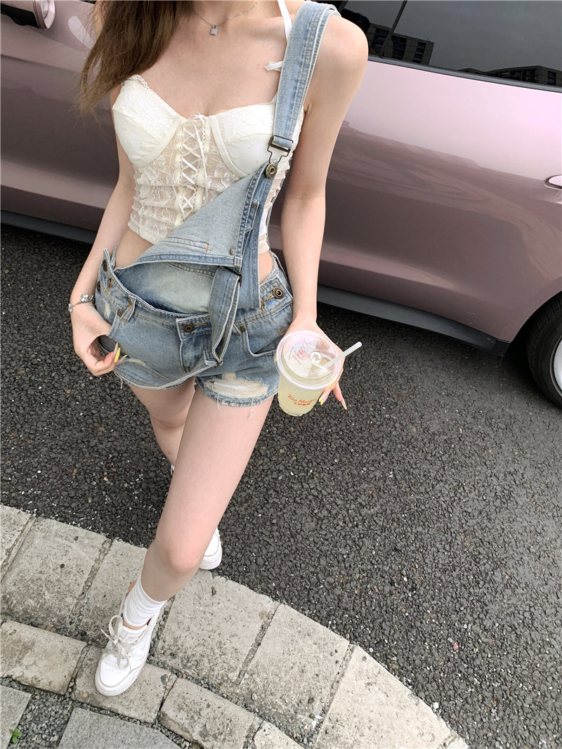 💕活潑俏皮百搭牛仔背帶短褲