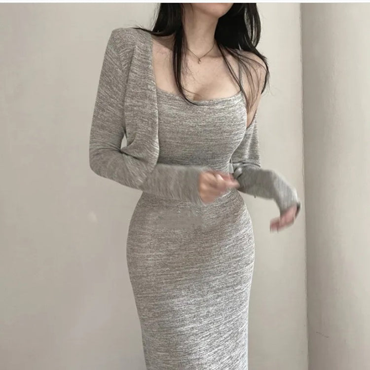 💕春季高腰吊帶包臀連衣裙+薄款長袖開衫兩件套