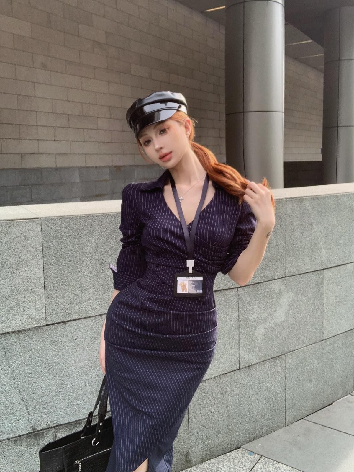 💕高級性感法式條紋V領長袖襯衫連衣裙