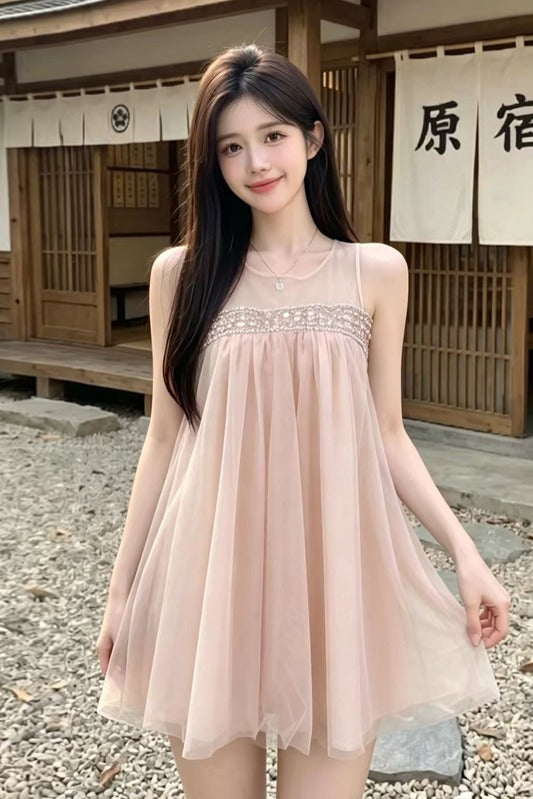 💕法式溫柔網紗無袖澎澎連衣裙