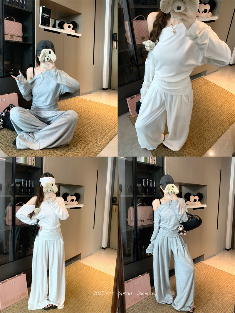 💕純御高彈斜肩長袖闊腿休閒褲套裝