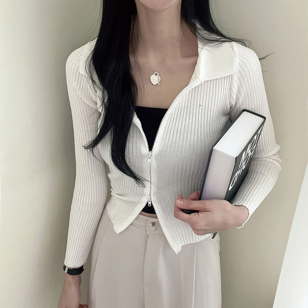 💕日系polo翻領雙拉鍊顯瘦長袖針織衫