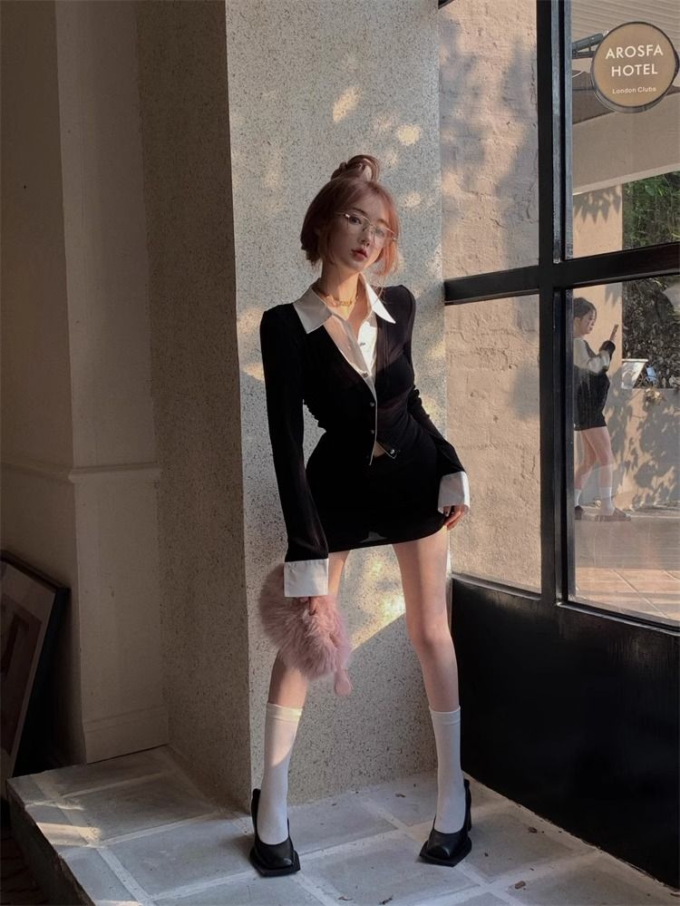 💕純御辣妹修身短款黑色假兩件長袖襯衫