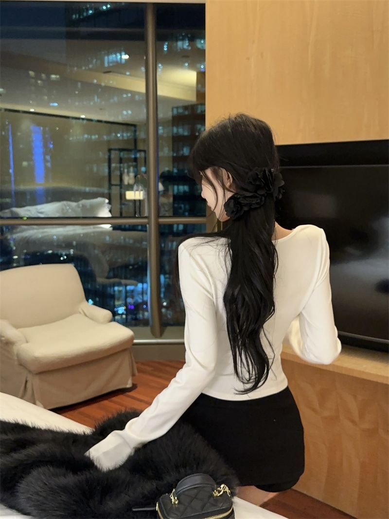 💕氣質白色扭結蕾絲長袖收腰顯瘦上衣