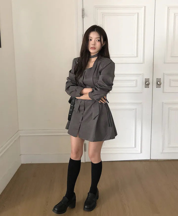 💕ins系V領圍脖系帶收腰單排扣西裝連衣裙