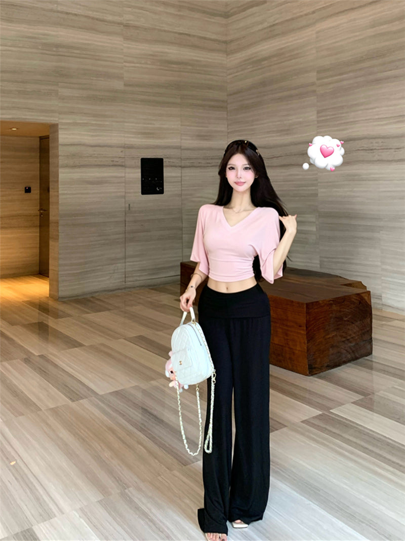 💕慵懶風V領收腰顯瘦蝙蝠袖上衣&直筒褲套裝