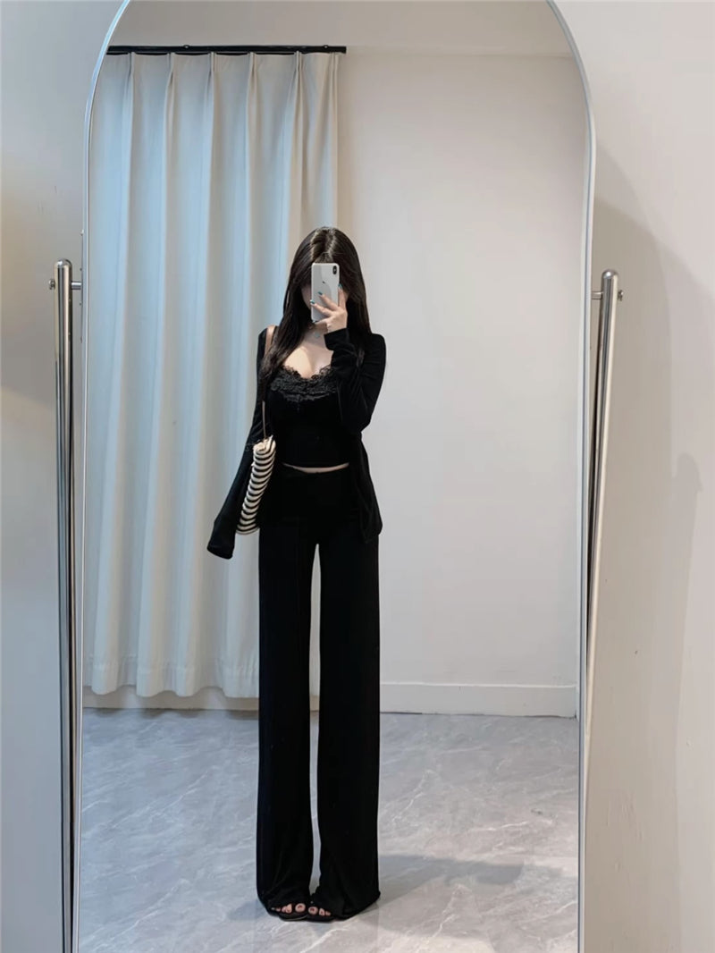 💕溫柔帶胸墊蕾絲吊帶休閒三件套
