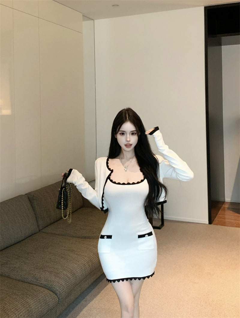 💕波浪邊撞色純欲氣質吊帶裙針織開衫套裝