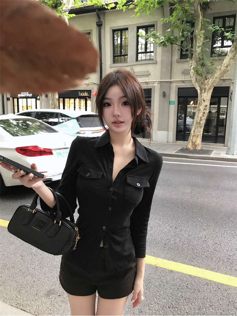 💕氣質翻領長袖收腰鈕扣襯衫