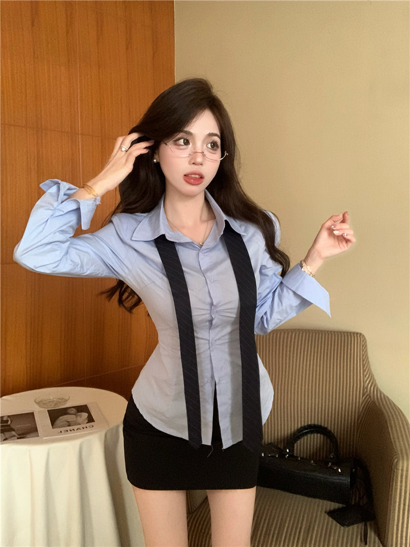 💕韓版秘書款收腰帶領襯衫兩件套