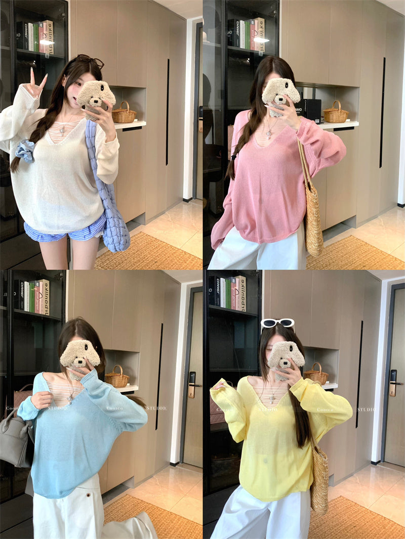 💕大V領微縷空針織防曬罩衫