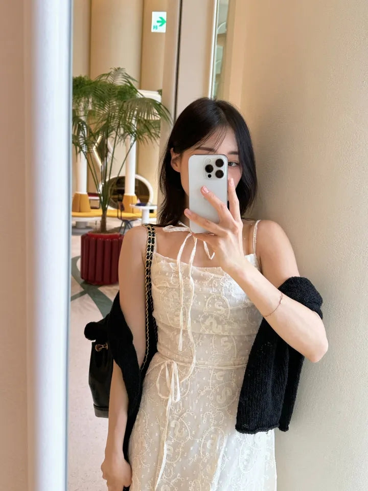 💕ihs系溫柔蕾絲性感露背鬆緊系帶收腰吊帶長裙