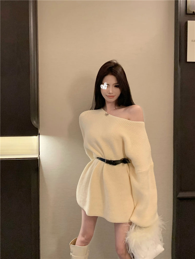 💕氣質甜美露肩針織寬鬆配腰帶連衣裙