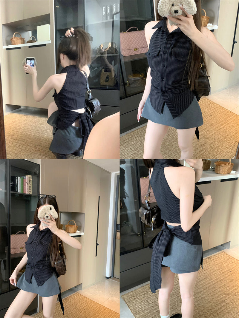 💕法式條紋露背收腰無袖上衣