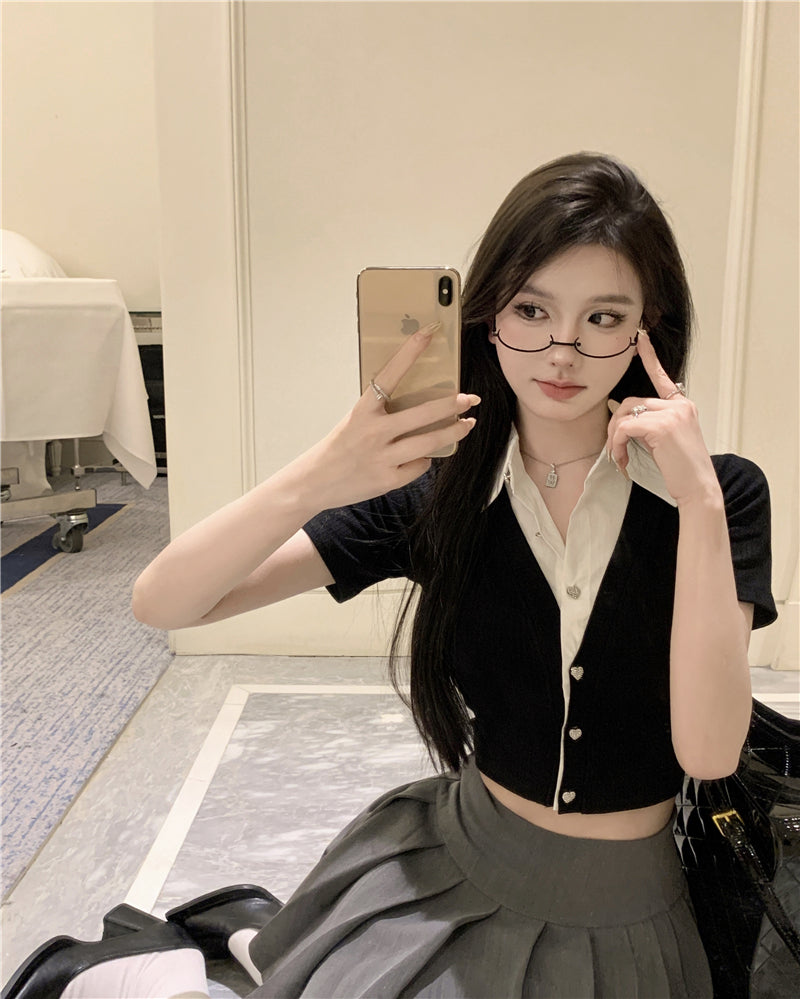 💕韓系氣質假兩件翻領修身短款針織衫