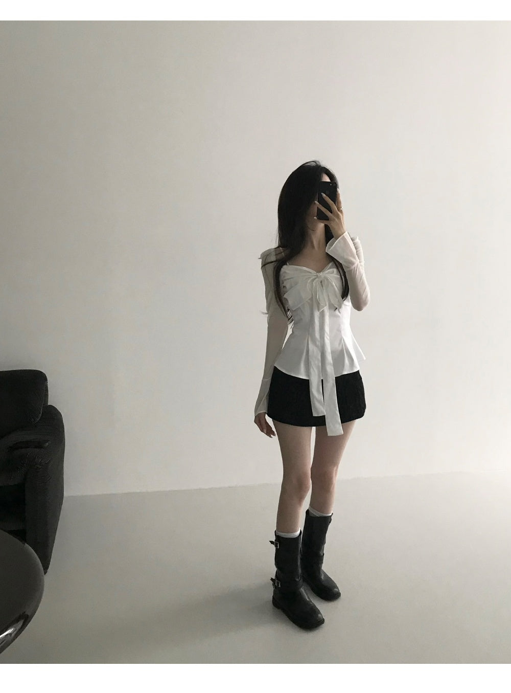 💕法式方領蝴蝶結飄帶氣質收腰顯瘦上衣