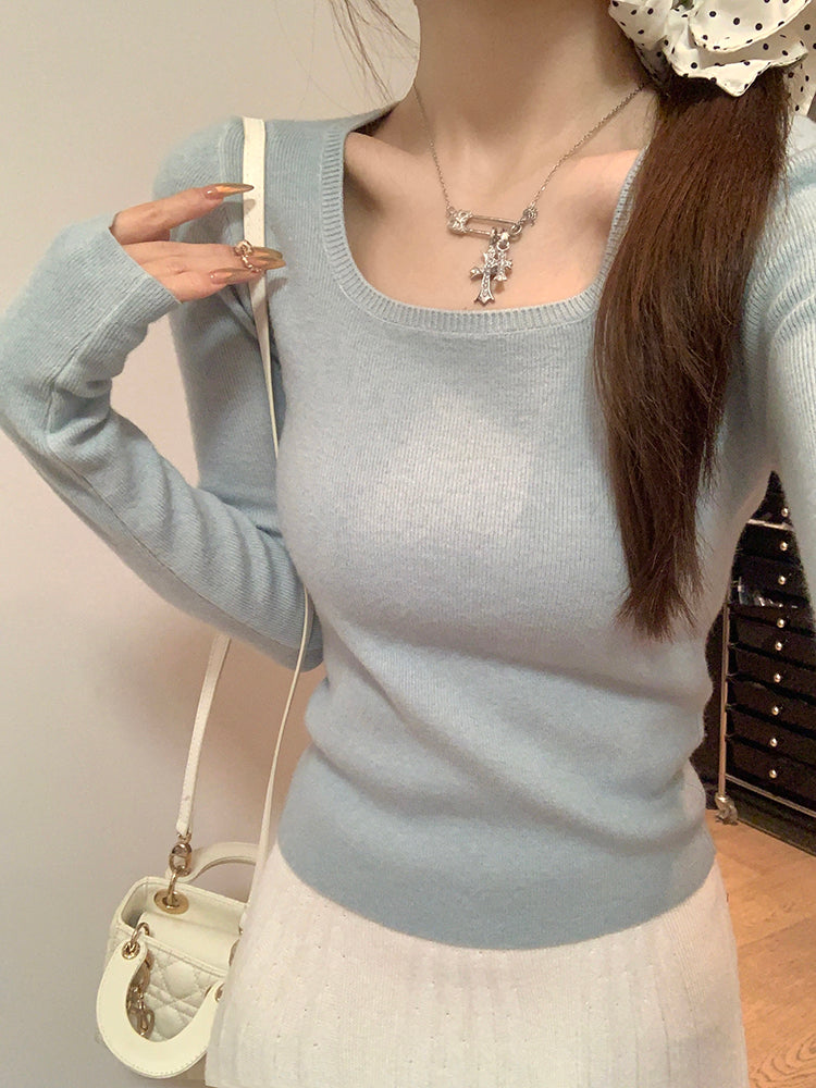 💕chic高級感簡約方領素色百搭長袖上衣