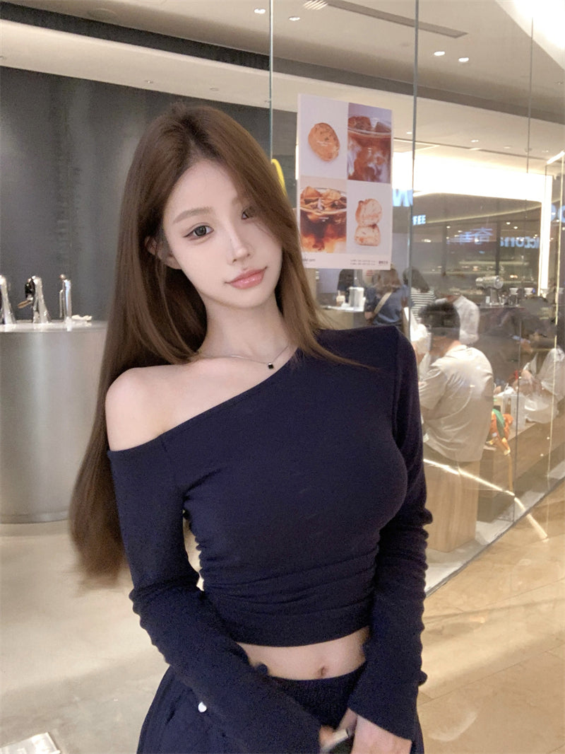 💕簡約通勤絕美基礎款斜肩磨毛上衣