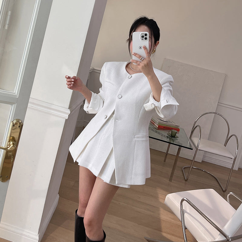 💕法式氣質單排釦小香風外套搭百褶短裙