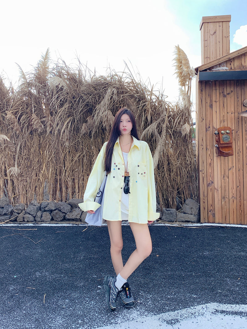 💕青春寬鬆百搭別緻彩色鈕扣條紋襯衫