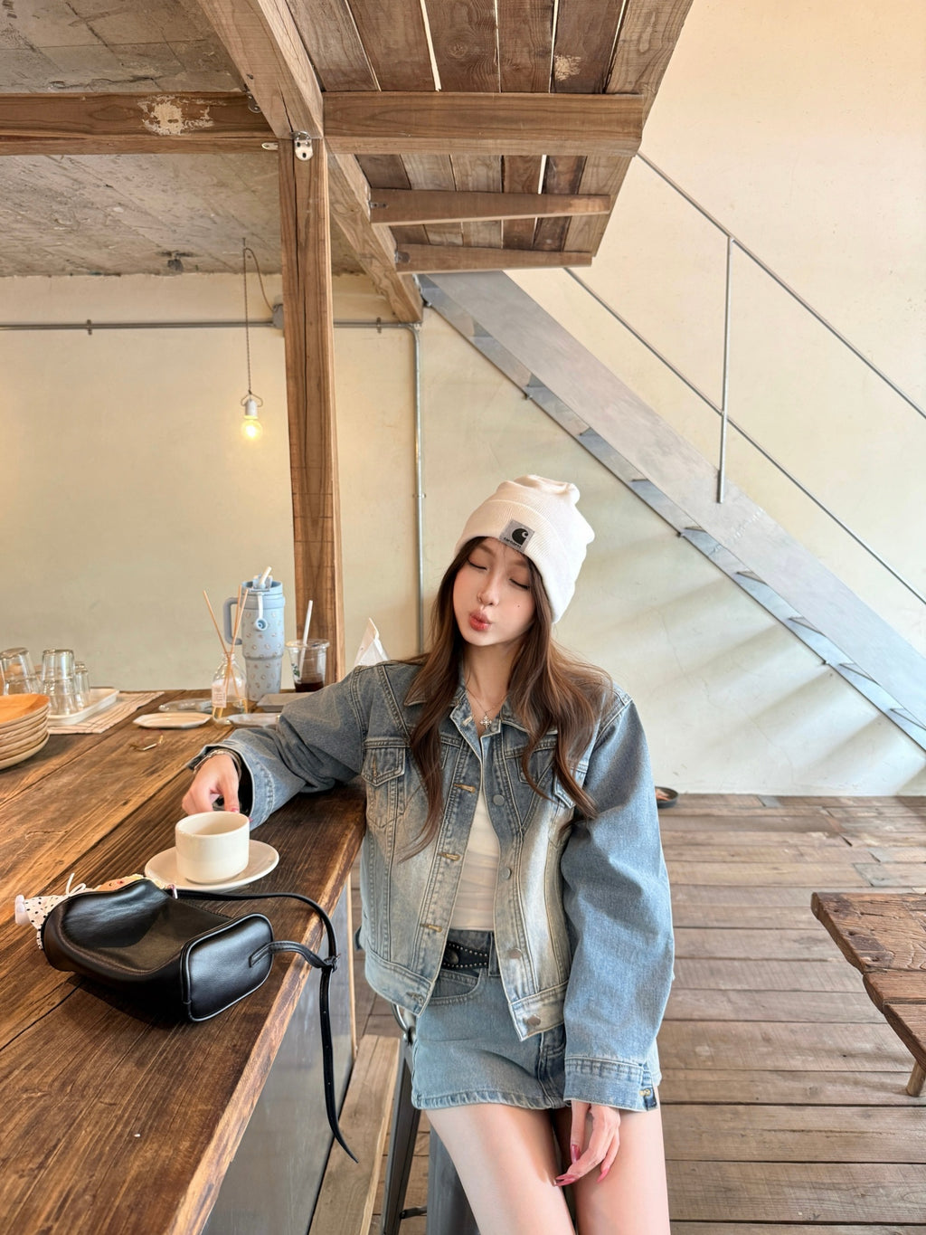 💕韓系高級復古水洗磨白漸變短款牛仔外套