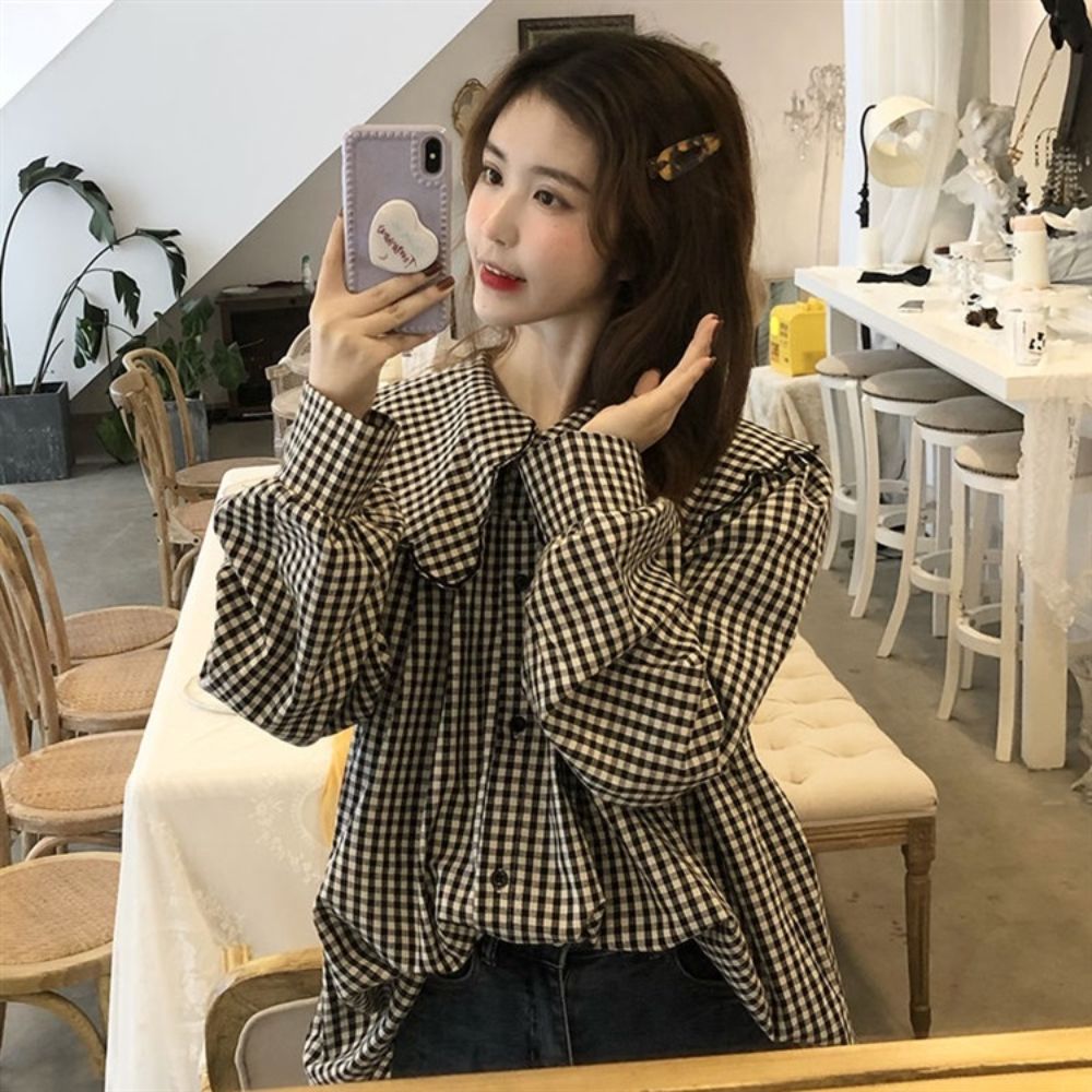 💕法式撞色格子娃娃領襯衫顯瘦排釦上衣