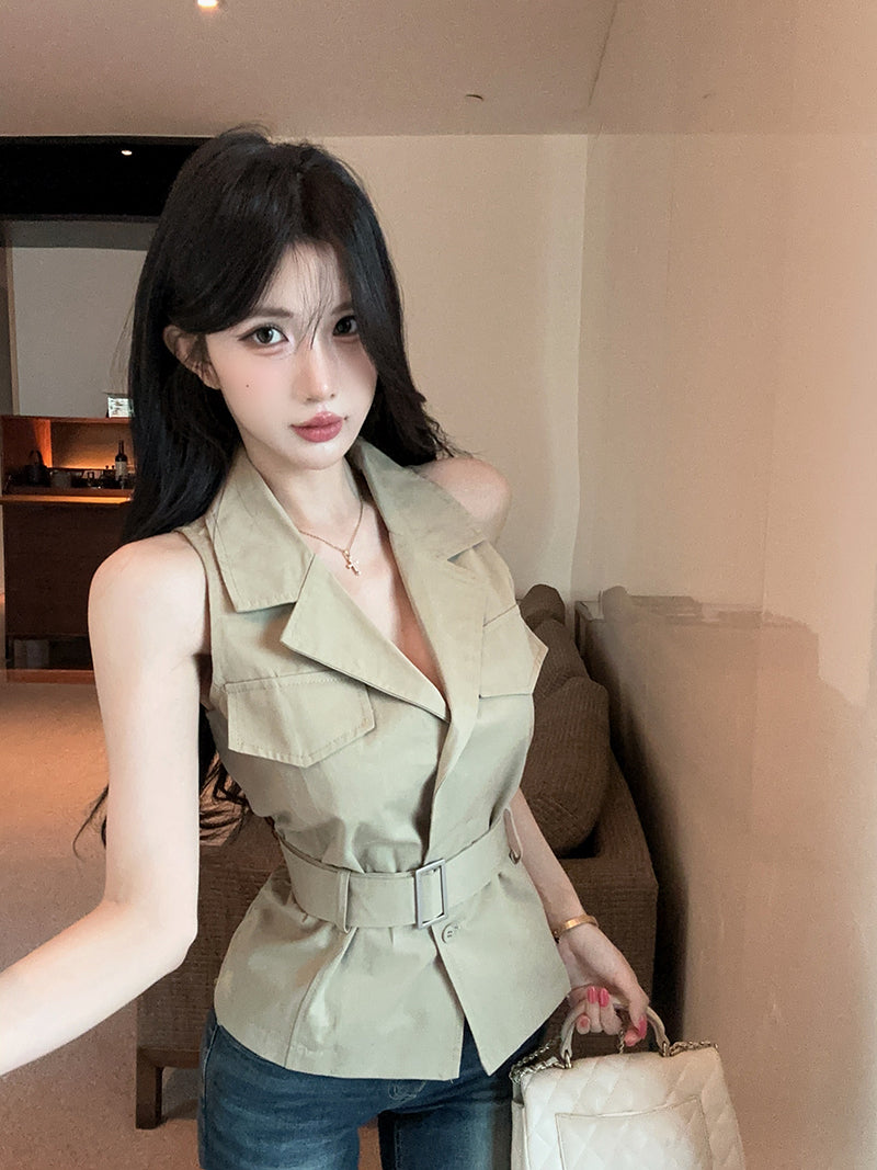 💕重工雙口袋polo領顯瘦馬甲襯衫+腰帶