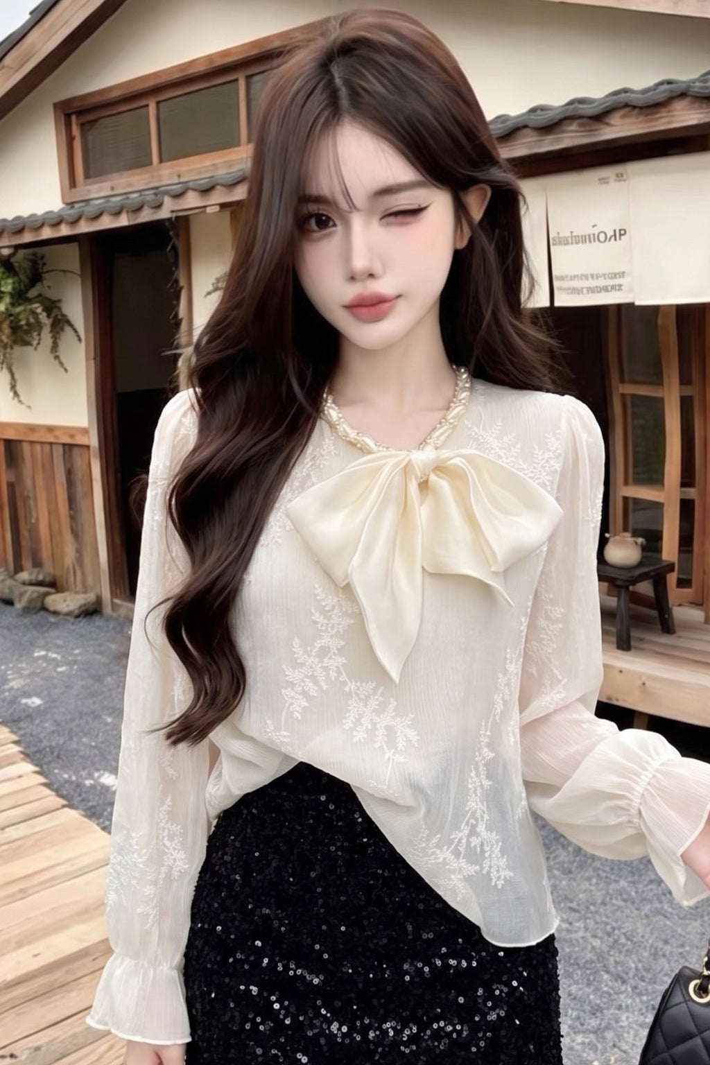 💕法式溫柔蝴蝶結長袖襯衫杏色上衣