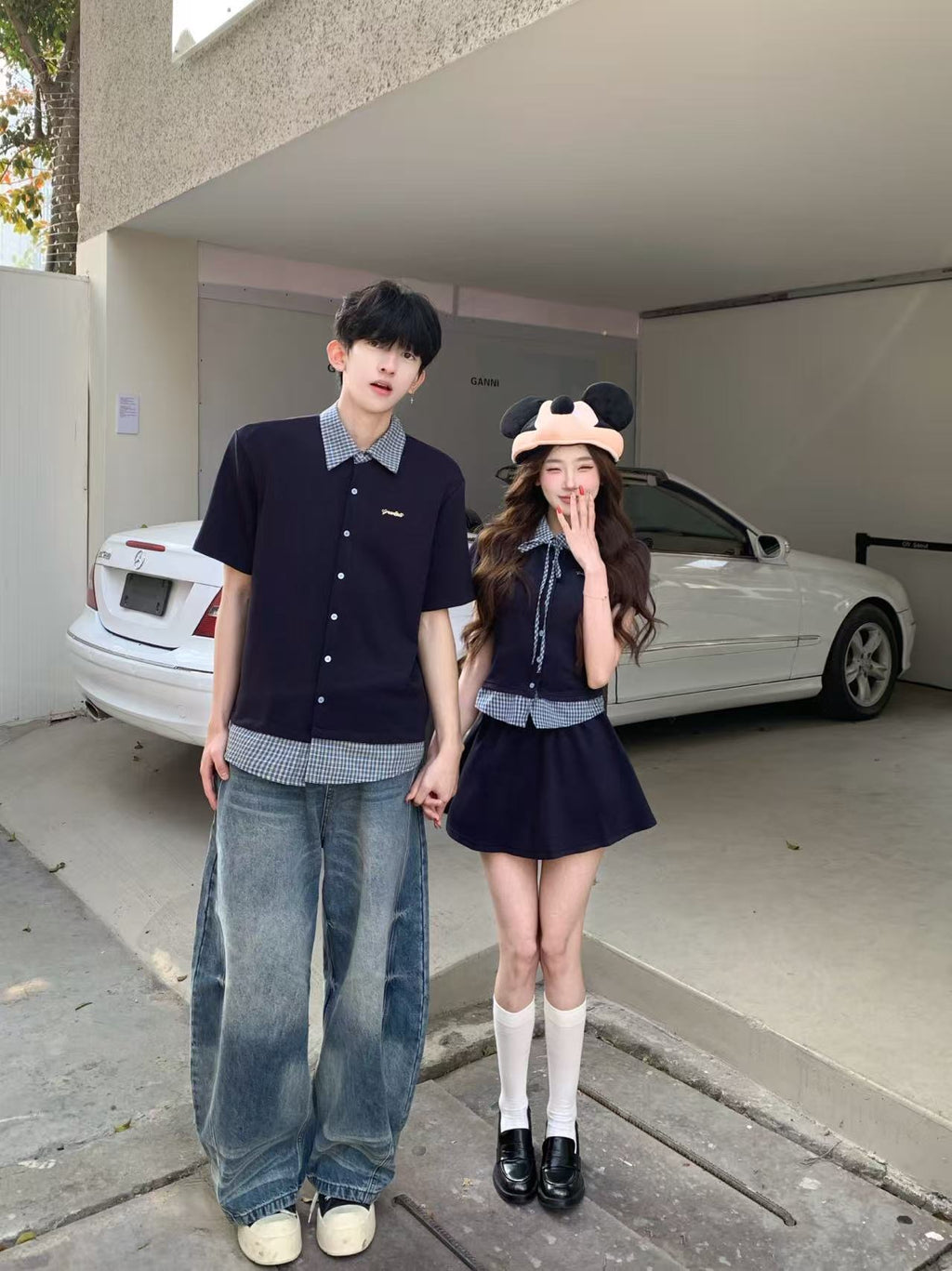 💕韓系學院風假兩件拼接翻領格子襯衫情侶裝