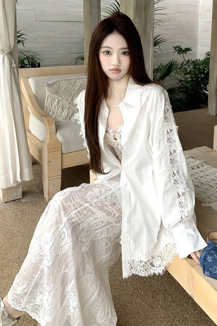 💕氣質白色鏤空蕾絲拼接長袖設計感上衣