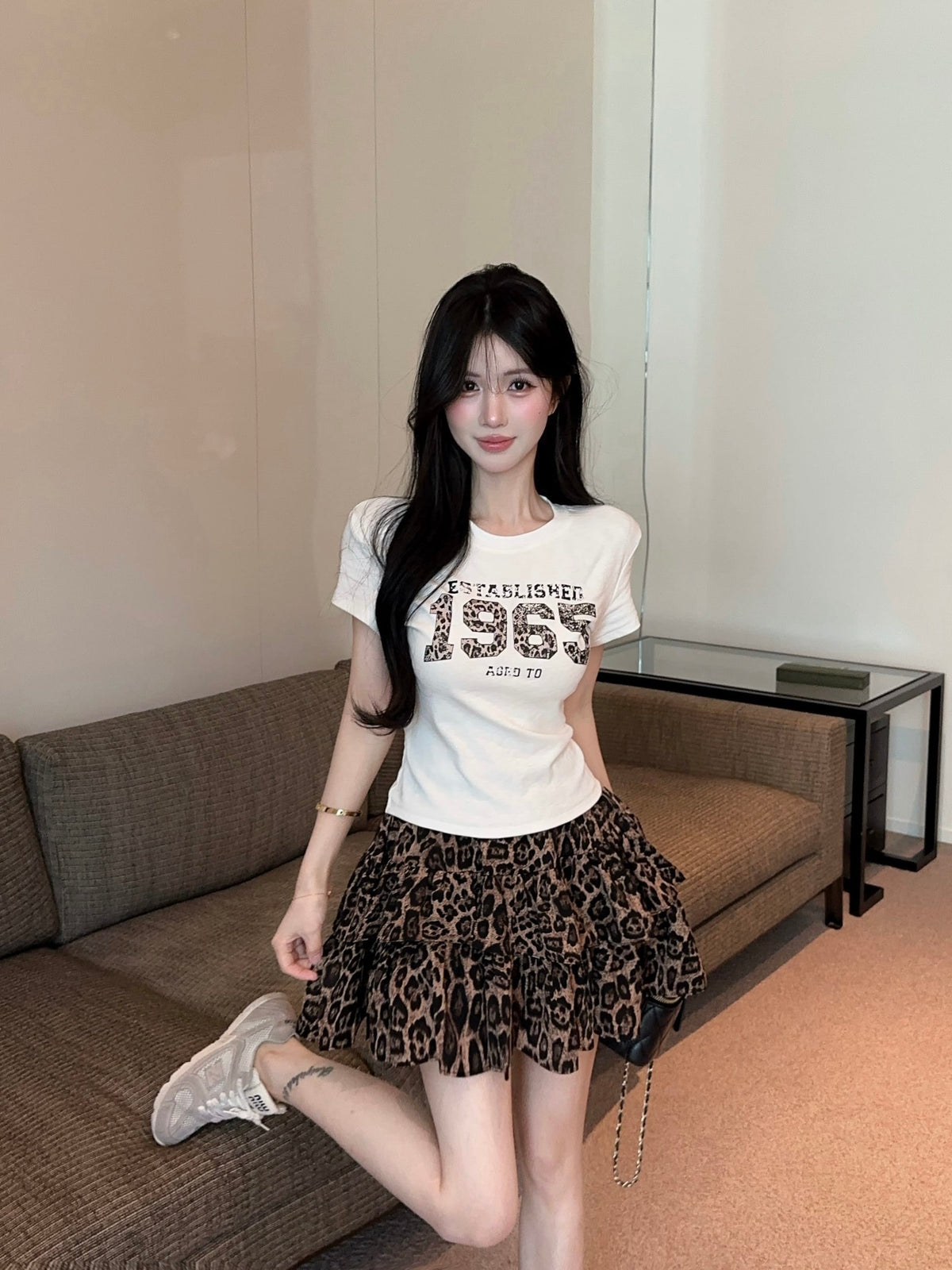 💕夏季豹紋印花圓領百搭短袖上衣