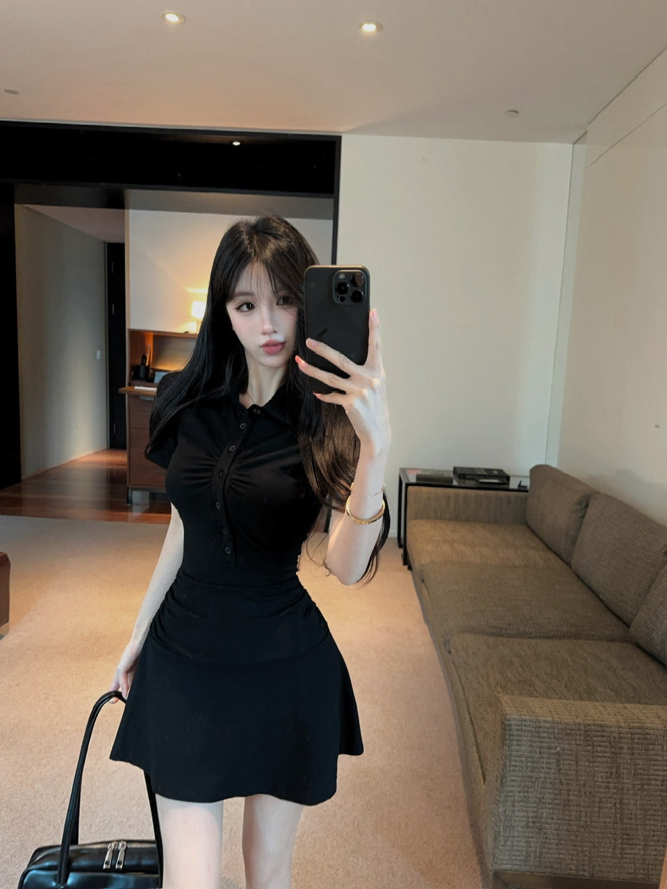 💕顯瘦百搭翻領收腰黑色翻領短袖大擺連衣裙