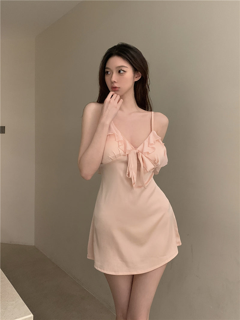 💕夜晚戰袍性感V領吊帶背心蝴蝶結睡衣裙