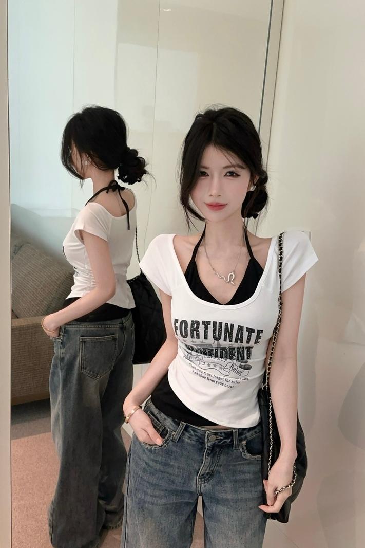 💕夏季新款小心機掛脖假兩件上衣